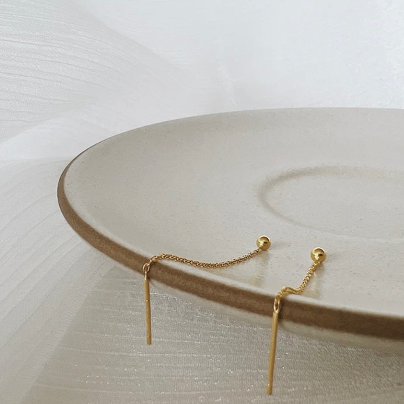 Bead Stud with Bar Chain Earrings - Picture 4 of 5